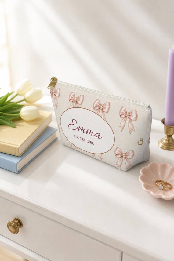 Personalized Bridesmaid Makeup Bag Custom Name Bridal Party Cosmetic Pouch Pink Bow detail