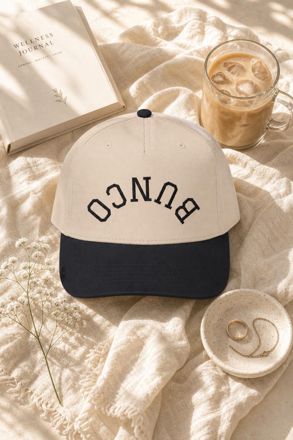 Bunco Hat Varsity Arch Embroidered Cap Ladies Game Night Two Tone Baseball detail