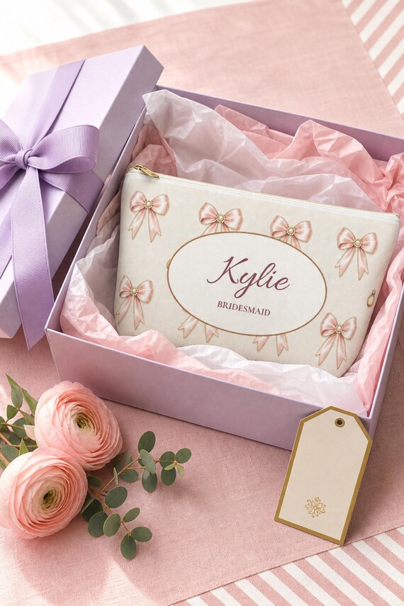 Personalized Bridesmaid Makeup Bag Custom Name Bridal Party Cosmetic Pouch Pink Bow detail