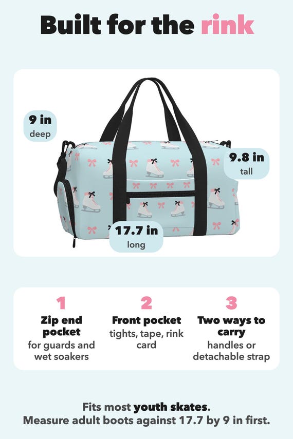 Ice Skating Bag: Figure Skate Duffle with Shoe Compartment, Blue Pink Bows Print detail