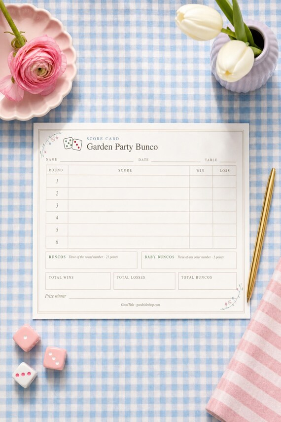 Bunco Score Sheets Printable: Garden Party Host Kit, Table Tally, Rules Guide, Invitation, Letter A4 detail