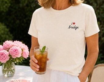 I Heart Bridge Shirt: Embroidered Top, Card Game Tee, Red Cursive Script, Womens Relaxed Fit