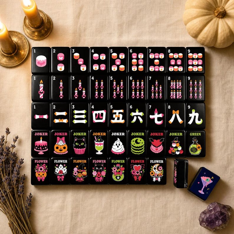 American Mahjong Set: Pink Halloween Dessert Tiles, 160 Pieces with Case and Dice