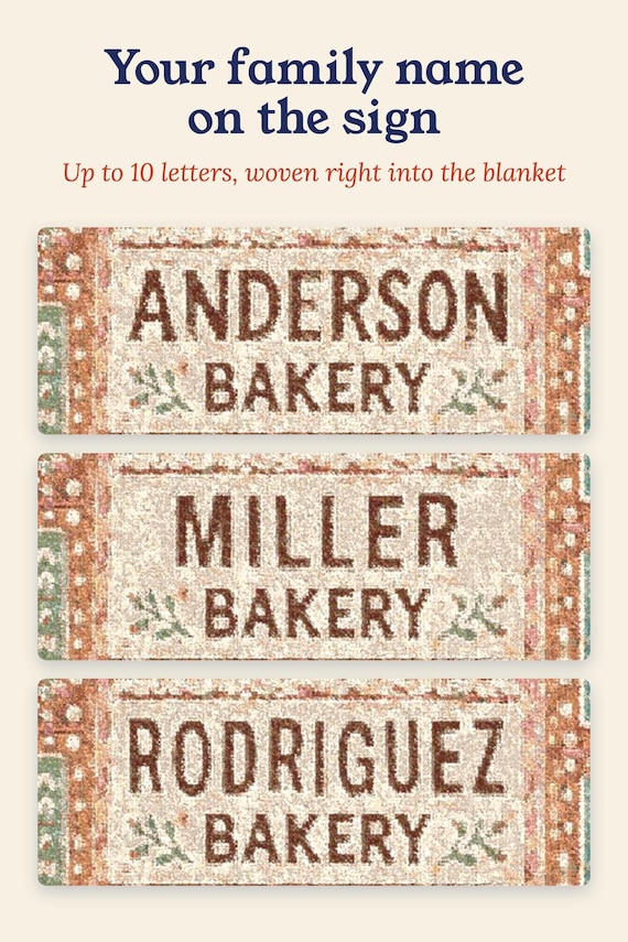 Gingerbread Blanket: Custom Woven Throw, Personalized Family Name, Pink Christmas Cotton Tapestry detail