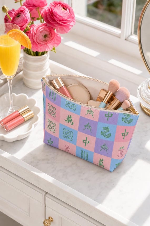 Pastel Mahjong Tile Bag Canvas Cosmetic Pouch Fits Full Set Preppy Game Night Travel Organizer detail