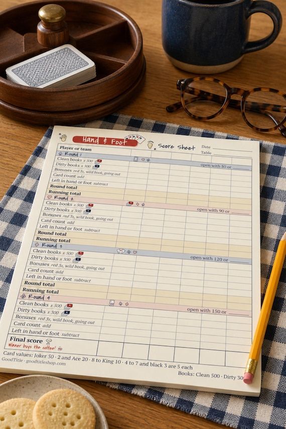 Hand and Foot Score Sheet Printable: Card Game Rules Guide, 6 Players, Letter A4 PDF detail