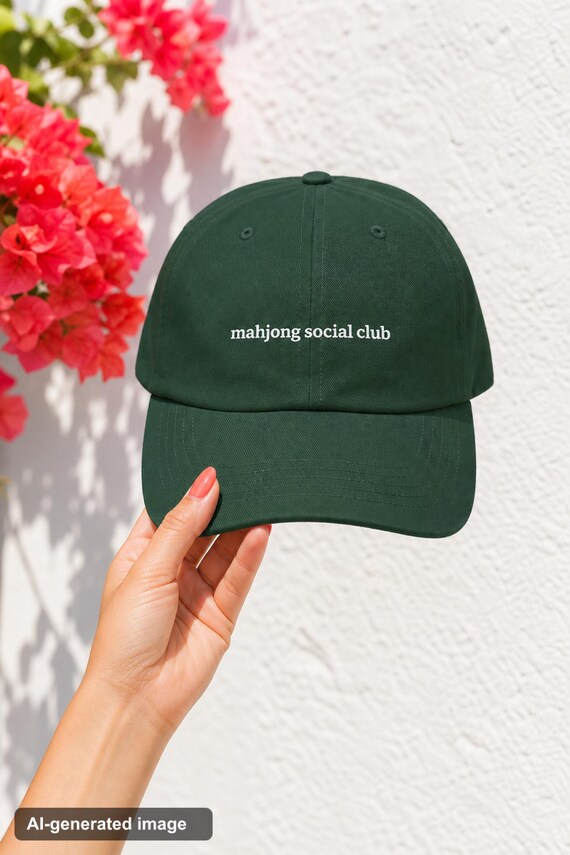 Mahjong Social Club Embroidered Dad Hat Cotton Twill Cap Game Night detail