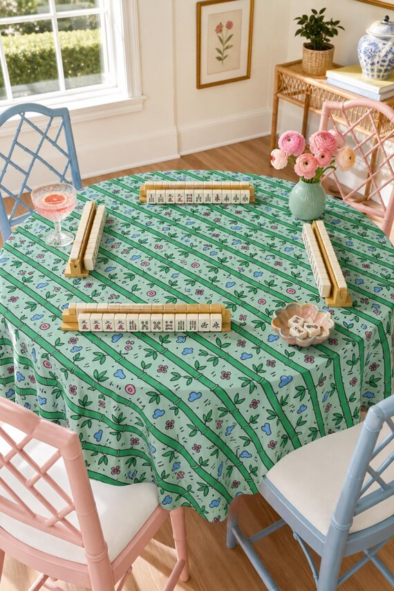 Bamboo Mahjong Tablecloth Square Tile Print Table Cover Game Night Hostess detail