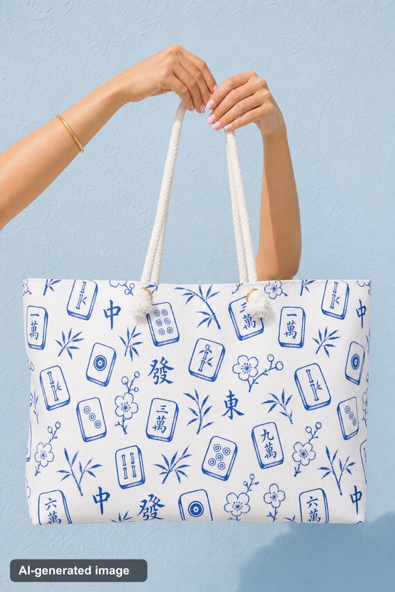 Mahjong Weekender Bag Blue White Chinoiserie Tile Print Overnight Travel Tote Game Night detail