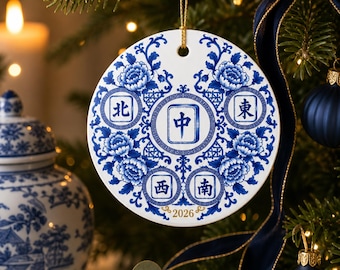 Mahjong Christmas Ornament: Blue and White Chinoiserie Porcelain Look Ceramic, Double Sided Wind Tiles