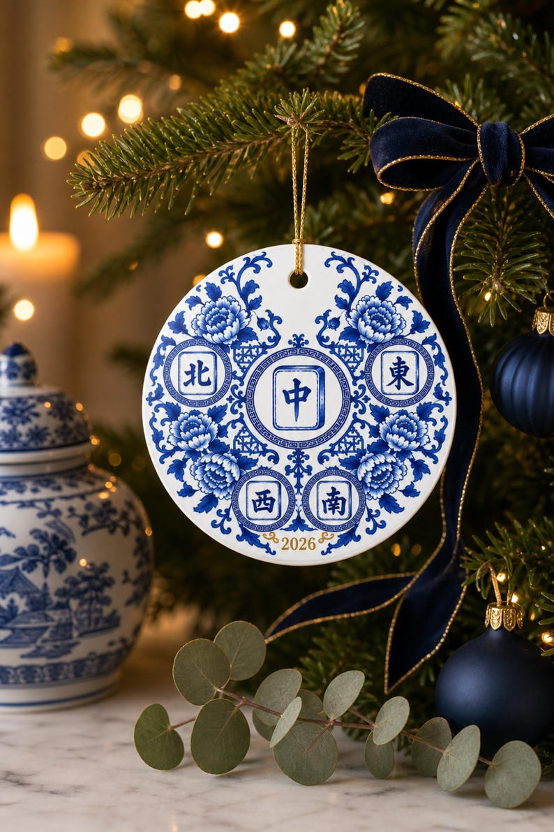 Mahjong Christmas Ornament: Blue and White Chinoiserie Porcelain Look Ceramic, Double Sided Wind Tiles
