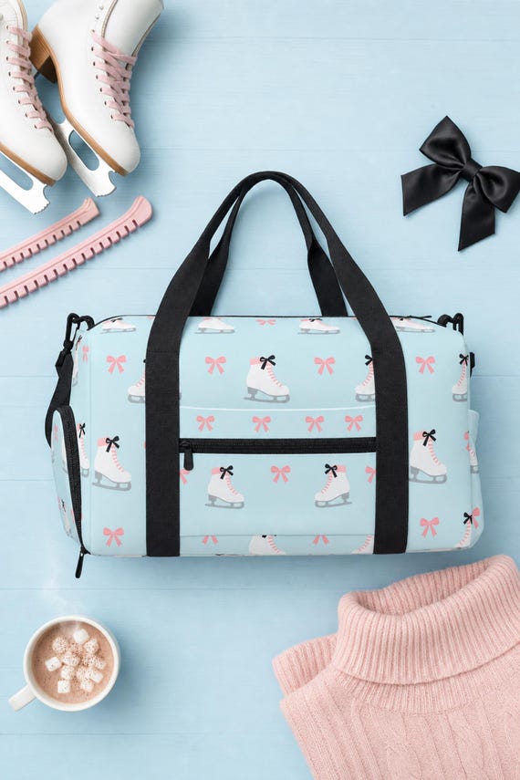 Ice Skating Bag: Figure Skate Duffle with Shoe Compartment, Blue Pink Bows Print detail