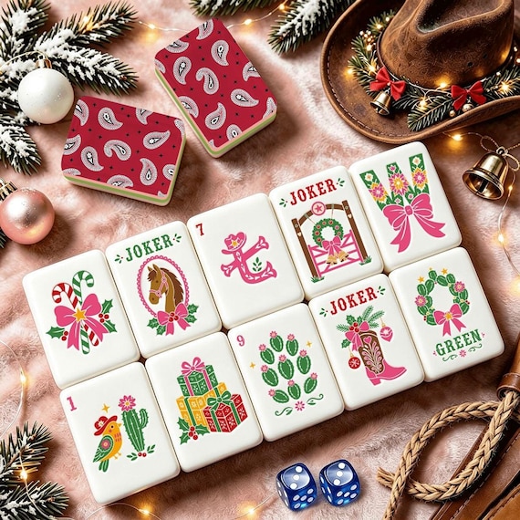 Christmas Mahjong Set: Western Cowgirl American Tiles, Bandana Paisley Backs, 160 Pieces with Dice detail