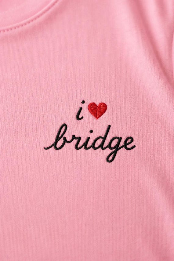I Heart Bridge Shirt: Embroidered Top, Card Game Tee, Red Cursive Script, Womens Relaxed Fit detail