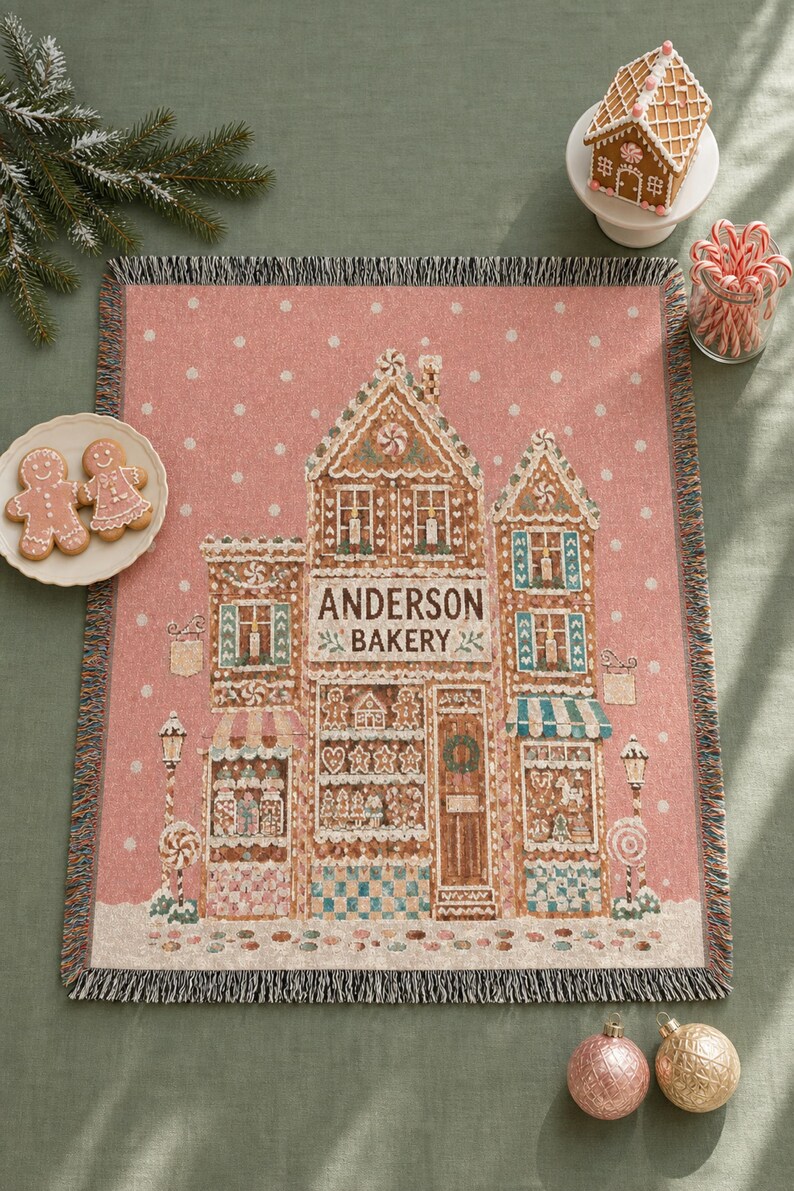 Gingerbread Blanket: Custom Woven Throw, Personalized Family Name, Pink Christmas Cotton Tapestry