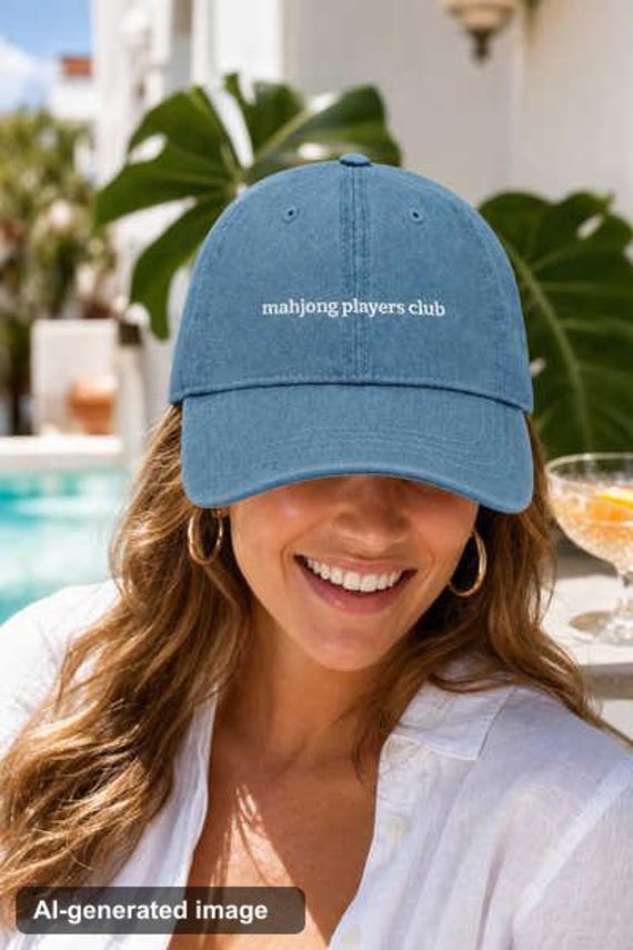 Mahjong Players Club Denim Hat Embroidered Vintage Cap Game Night Gift detail