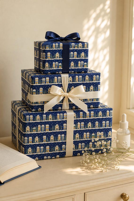 Hanukkah Wrapping Paper: Snowy Village, Menorah Windows, Navy Gift Wrap Roll, 3 Sizes detail