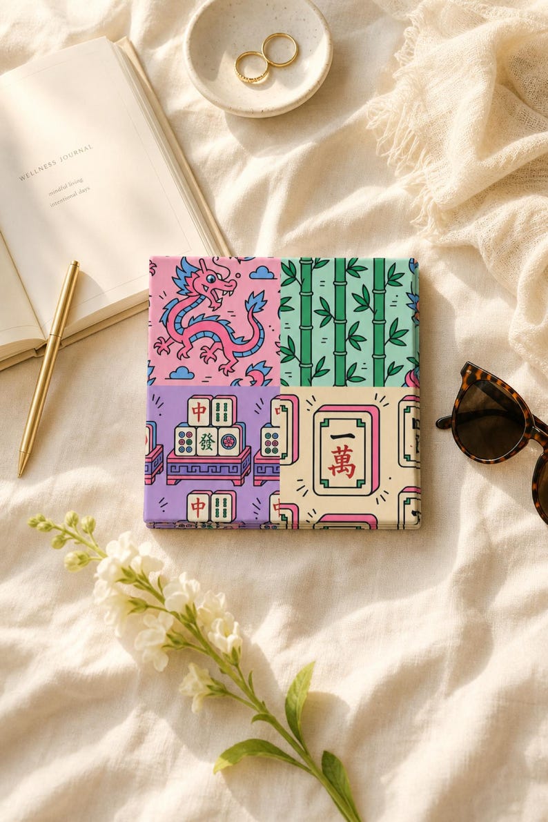 Bachelorette Mahjong Cocktail Napkins Set of 4 Tile Print Cotton Game Night Table Decor