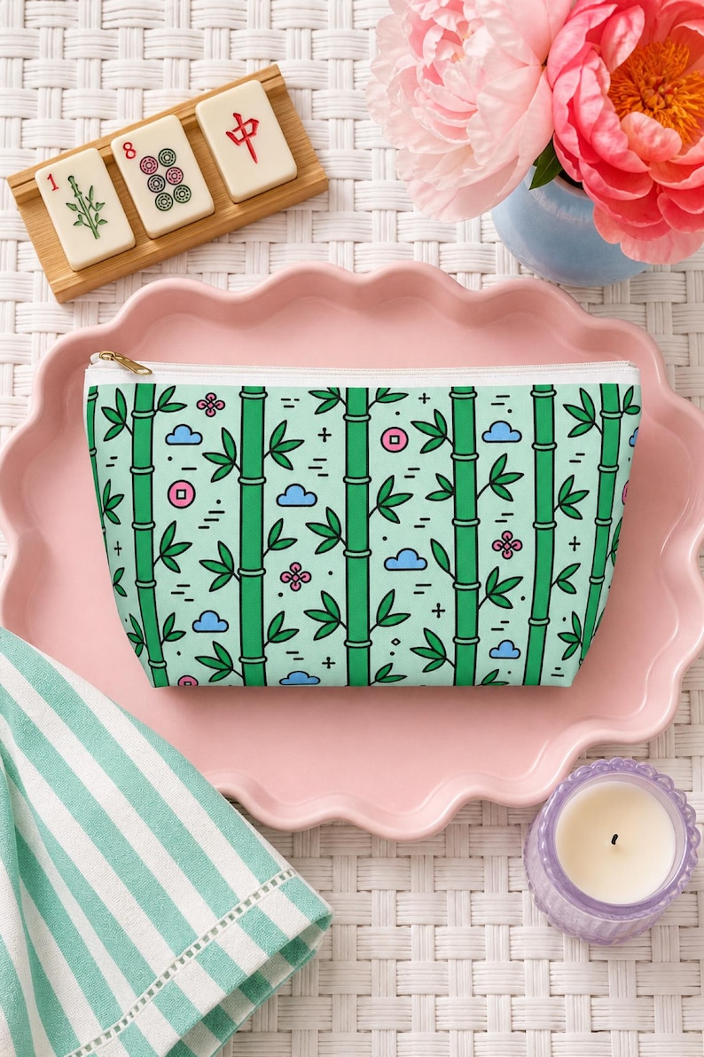 Bamboo Mahjong Tile Bag Canvas Cosmetic Pouch Fits Full Set Travel Organizer
