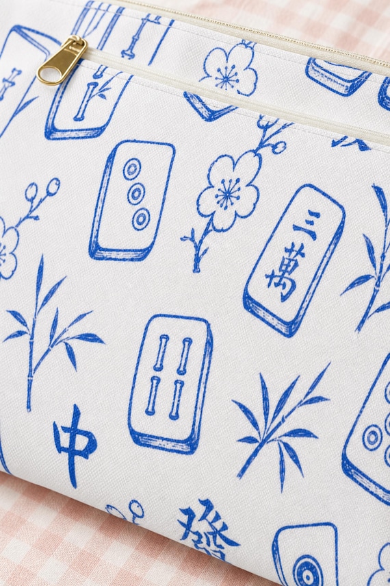 Mahjong Tile Print Makeup Bag Blue White Canvas Cosmetic Pouch Travel Organizer detail
