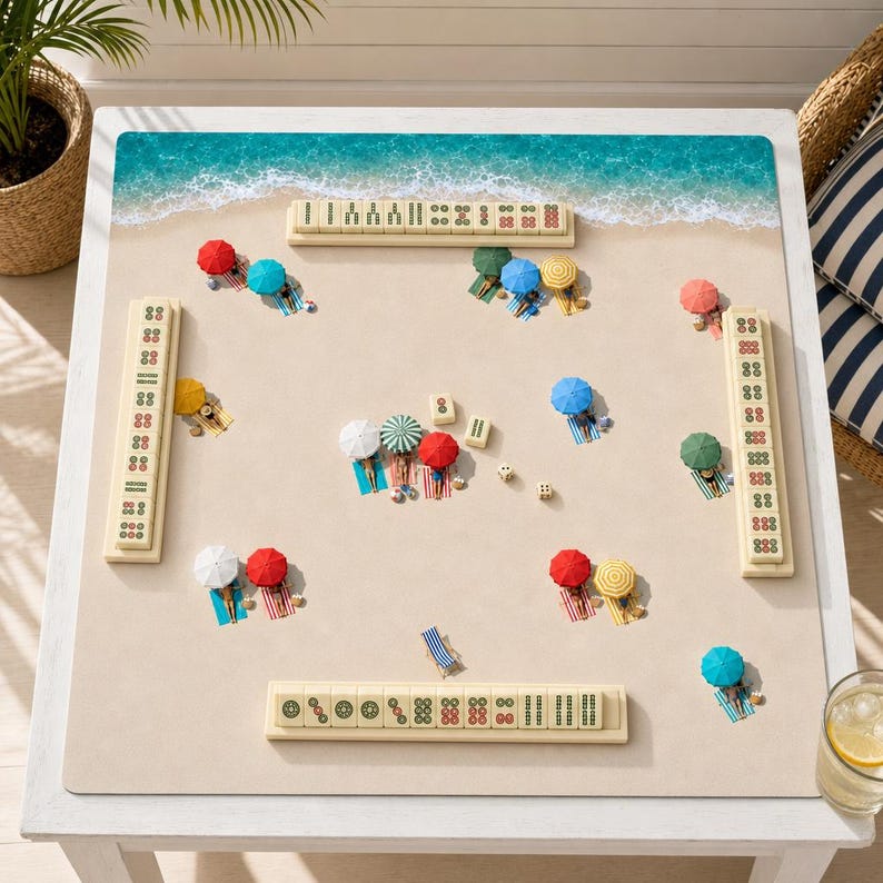 Beach Mahjong Mat: Aerial Umbrella Summer Print, Neoprene Coastal Decor, 4 Sizes with Storage Bag