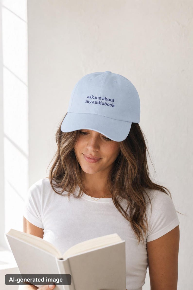 Woman wearing 'Ask Me About My Audiobook' embroidered dad hat in white tee, holding an open book in soft bright window light — candid clean-girl editorial portrait.
