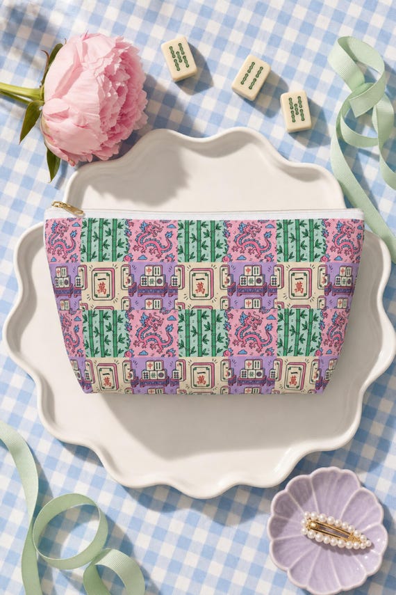 Mahjong Tile Bag Canvas Cosmetic Pouch Fits Full Set Preppy Y2K Game Night Travel detail