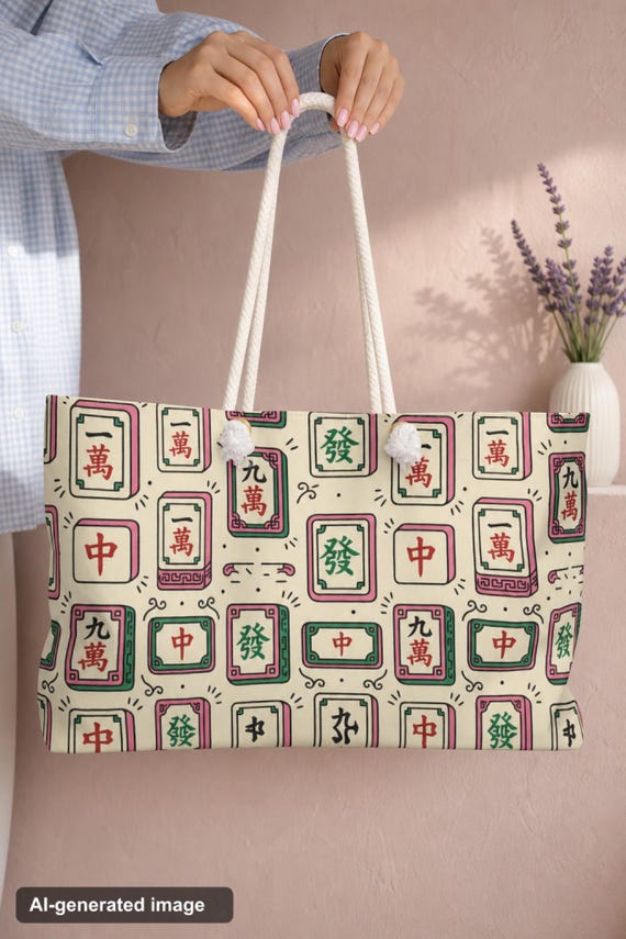 Mahjong Weekender Bag Tile Print Duffel Overnight Travel Carryall Game Night Bachelorette detail