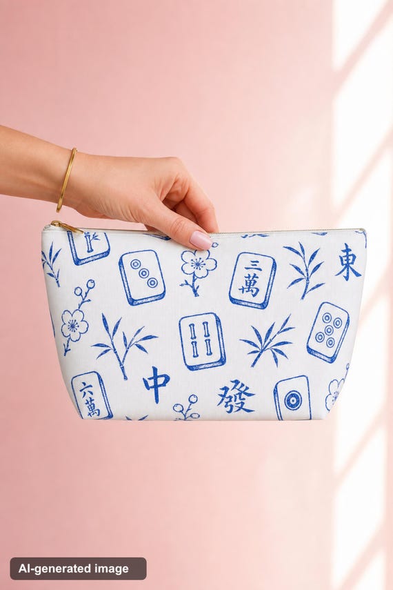 Mahjong Tile Print Makeup Bag Blue White Canvas Cosmetic Pouch Travel Organizer detail