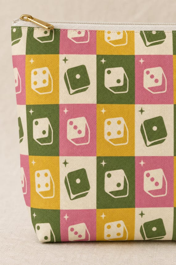 Bunco Dice Bag: Retro Checkerboard Zipper Pouch, Olive Pink Mustard, 2 Sizes detail