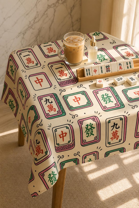 Mahjong Tablecloth Square Tile Print Table Cover Game Night Decor Hostess detail