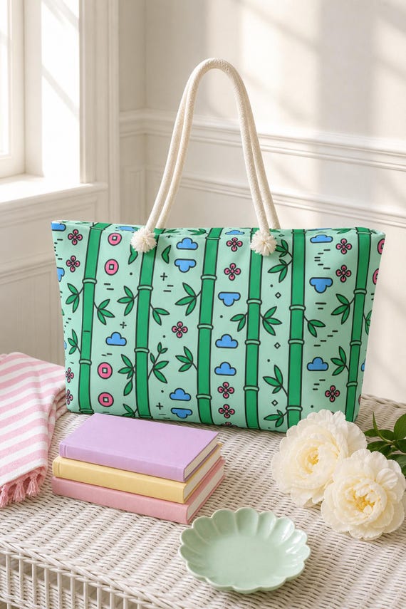 Mahjong Tote Bag Bamboo Tile Print Weekender Duffel Travel Bag Game Night detail