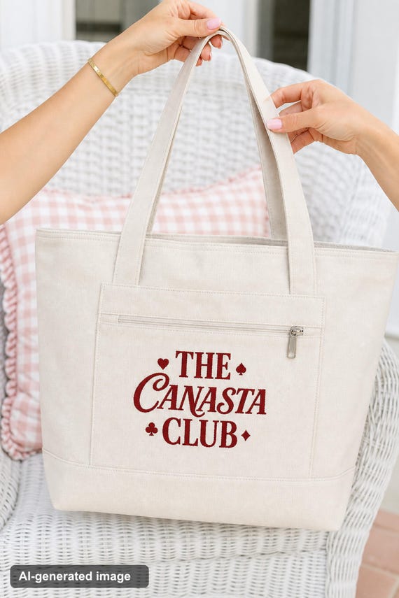 Canasta Tote Bag Zippered Canvas Card Game Club Natural Cotton detail