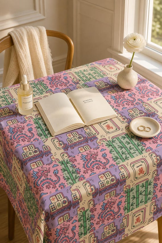 Mahjong Tablecloth Square Tile Print Table Cover Game Night Hostess detail