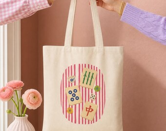 Mahjong Canvas Tote: Good Bams Only Pink Tile Print, Double Sided Natural Cotton