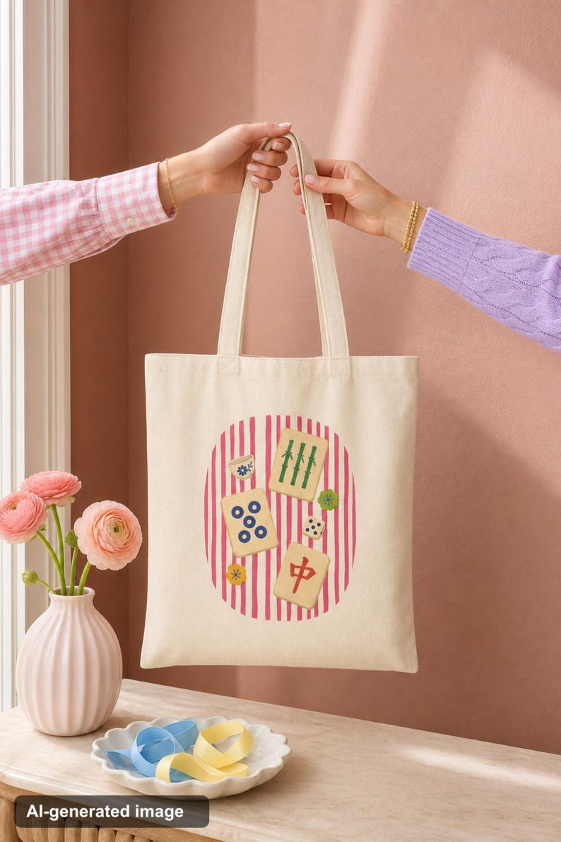 Mahjong Canvas Tote: Good Bams Only Pink Tile Print, Double Sided Natural Cotton