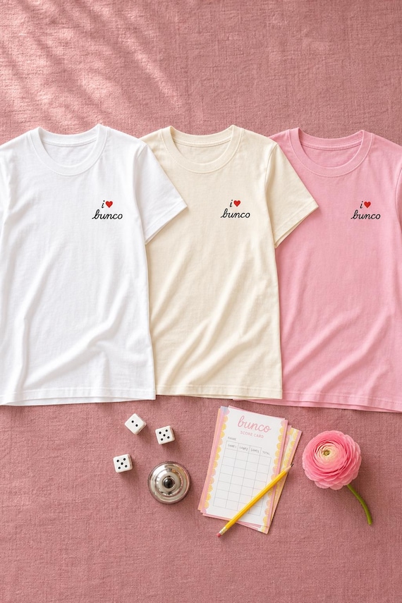 I Heart Bunco Tee: Embroidered Shirt for Bunko Players, Red Cursive Script, Womens Relaxed Fit detail
