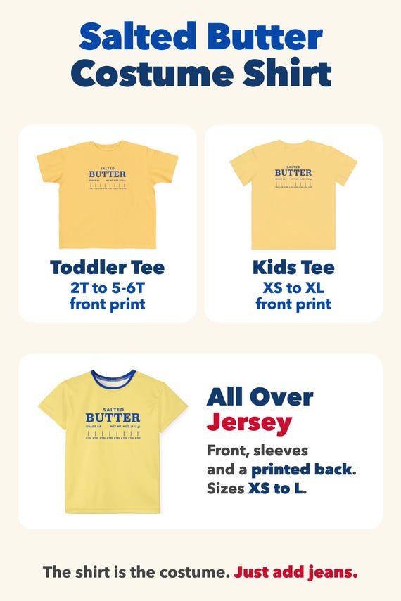 Salted Butter Costume Kids Shirt: Easy Halloween Tee, Toddler to Youth, All Over Print Jersey detail