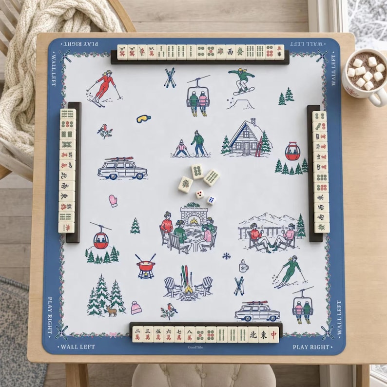 Winter Mahjong Mat: Apres Ski Chalet Toile Neoprene, 4 Sizes with Storage Bag
