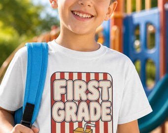 First Grade Shirt Boys Girls Retro Groovy Back to School Tee Juice Box Graphic First Day Outfit Youth Kids Gift