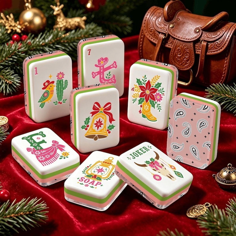 Christmas Mahjong Set: Western Cowgirl American Tiles, Bandana Paisley Backs, 160 Pieces with Dice
