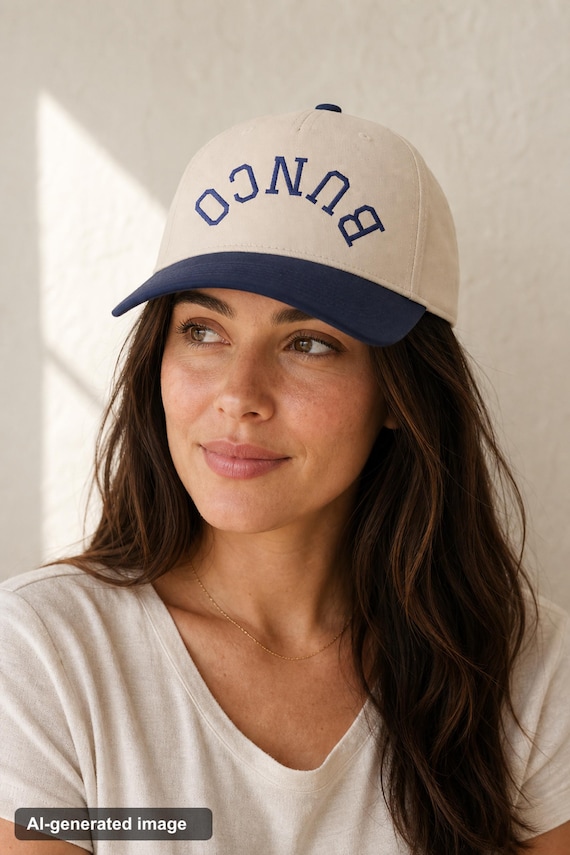 Bunco Hat Varsity Arch Embroidered Cap Ladies Game Night Two Tone Baseball detail