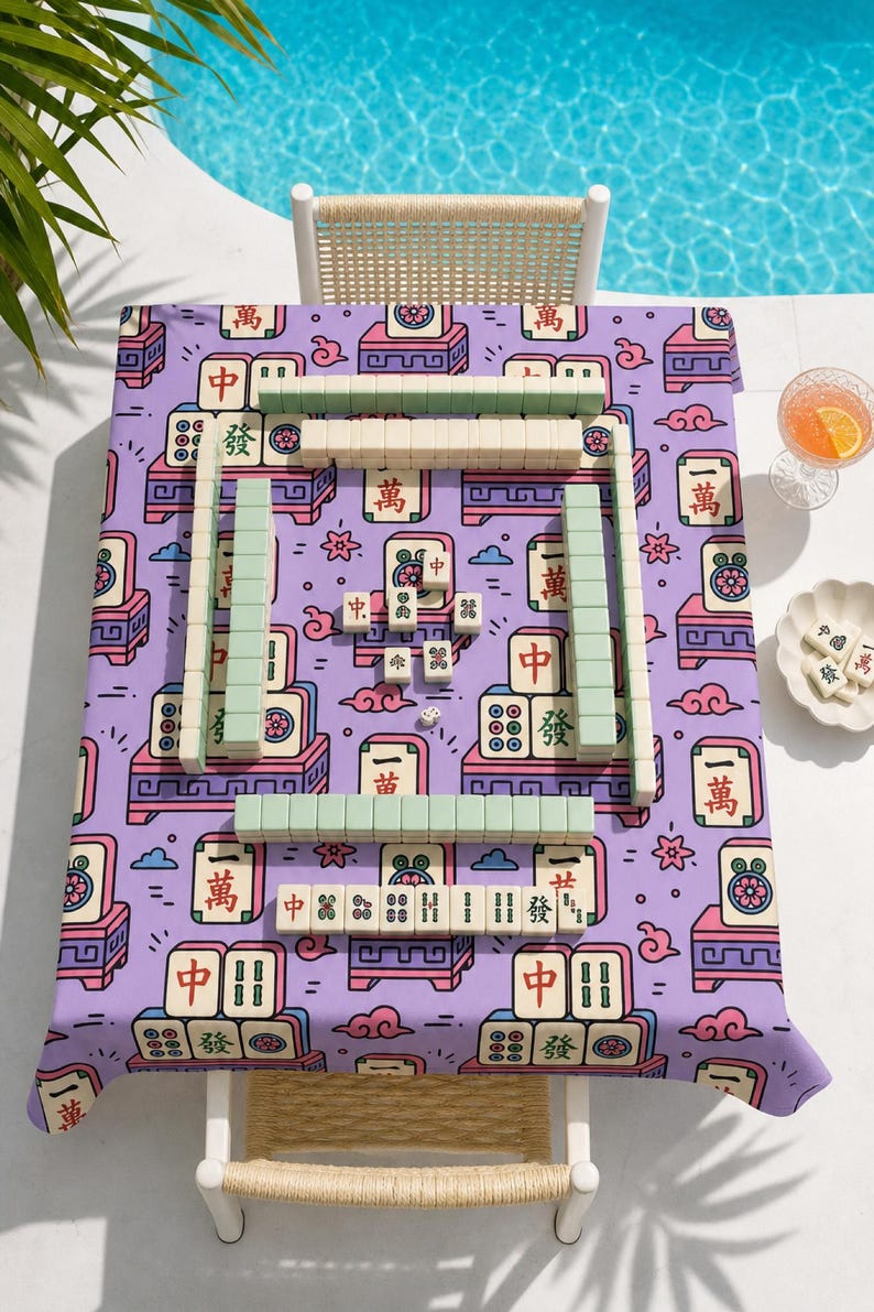 Mahjong Tablecloth Square Tile Print Table Cover Game Night Hostess