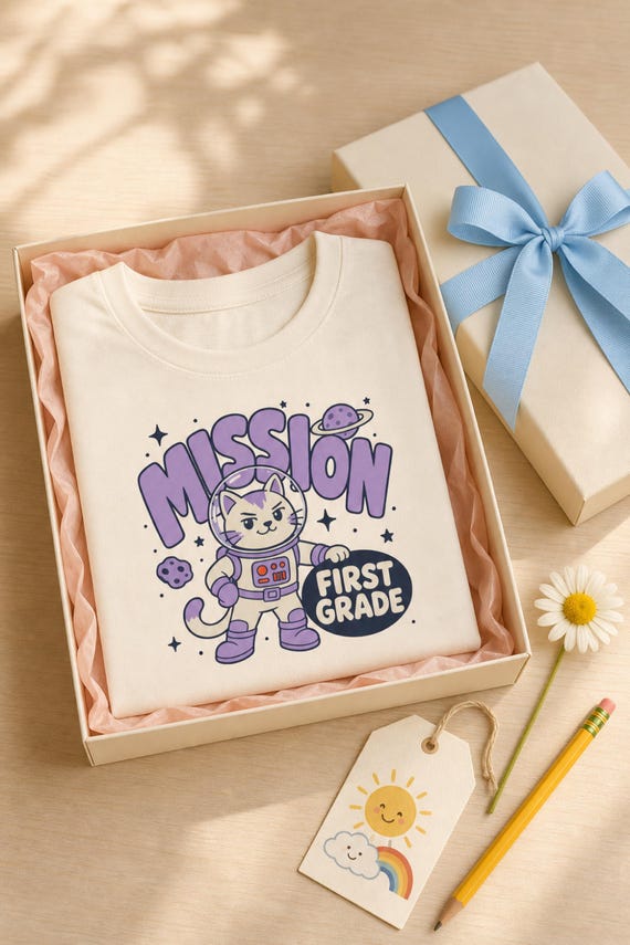 Astronaut Cat First Grade Shirt Kids Space Back to School Tee Youth Boys Girls First Day of School Outfit detail