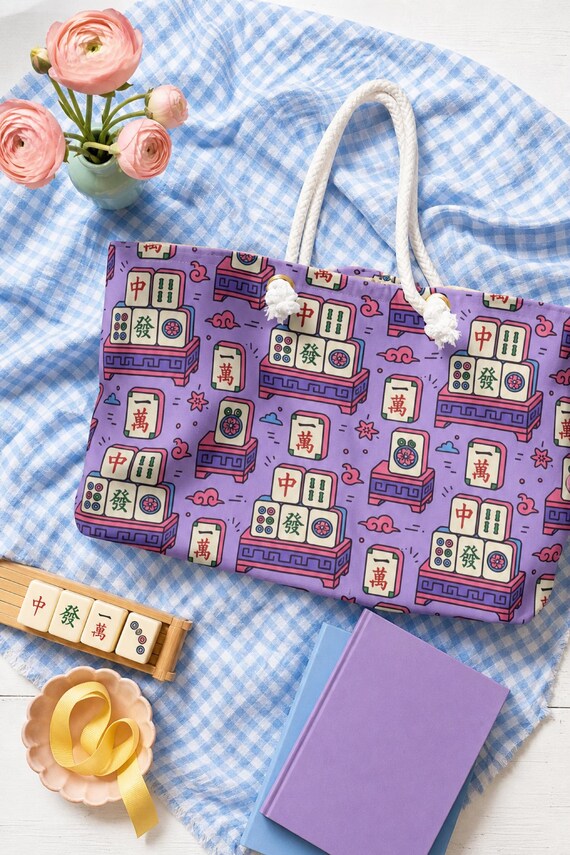 Mahjong Travel Duffel Bag Tile Print Weekender Overnight Carryall Game Night detail