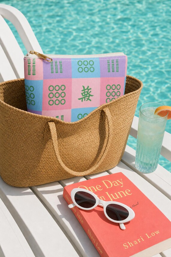 Pastel Mahjong Tile Bag Canvas Cosmetic Pouch Fits Full Set Preppy Game Night Travel Organizer detail