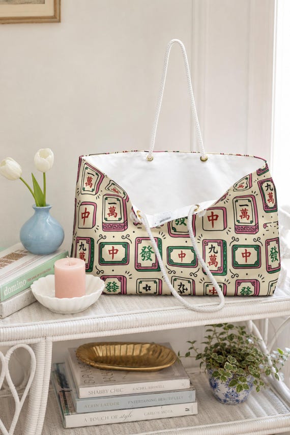 Mahjong Weekender Bag Tile Print Duffel Overnight Travel Carryall Game Night Bachelorette detail