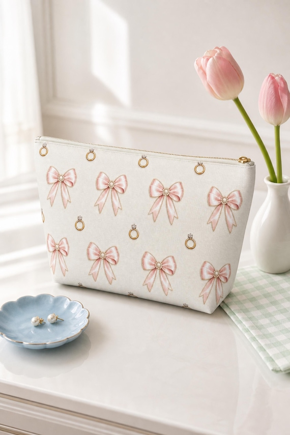 Personalized Bridesmaid Makeup Bag Custom Name Bridal Party Cosmetic Pouch Pink Bow detail