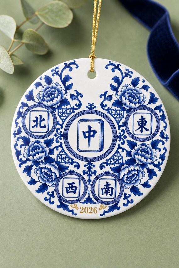 Mahjong Christmas Ornament: Blue and White Chinoiserie Porcelain Look Ceramic, Double Sided Wind Tiles detail