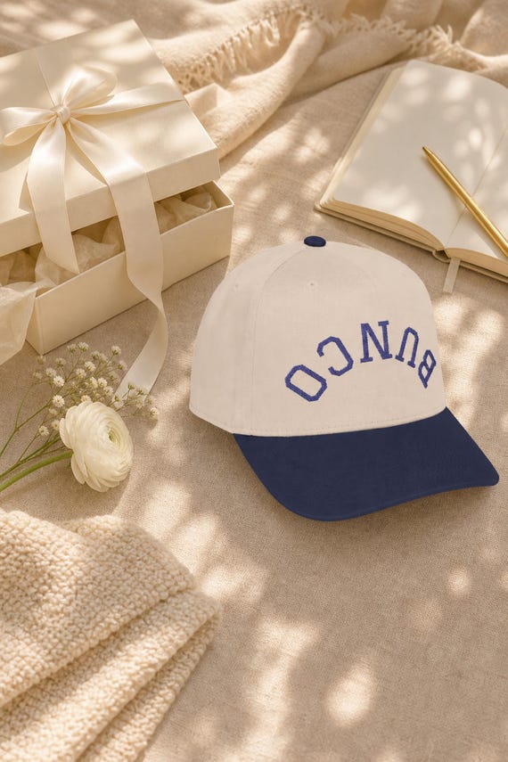 Bunco Hat Varsity Arch Embroidered Cap Ladies Game Night Two Tone Baseball detail